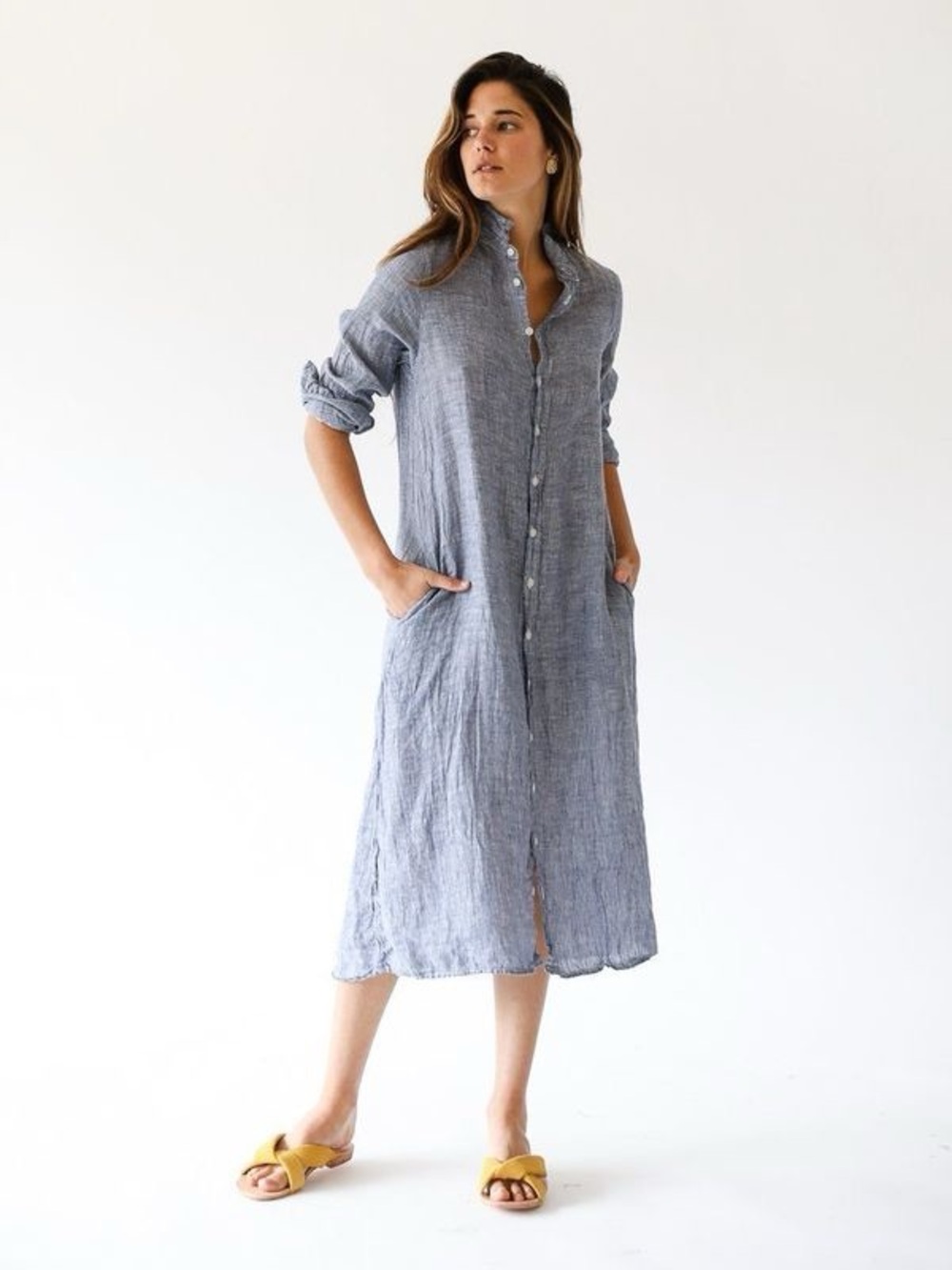 CP Shades 100% LINEN Maxi Shirt Dress Women’s Size Small In Blue Chambray